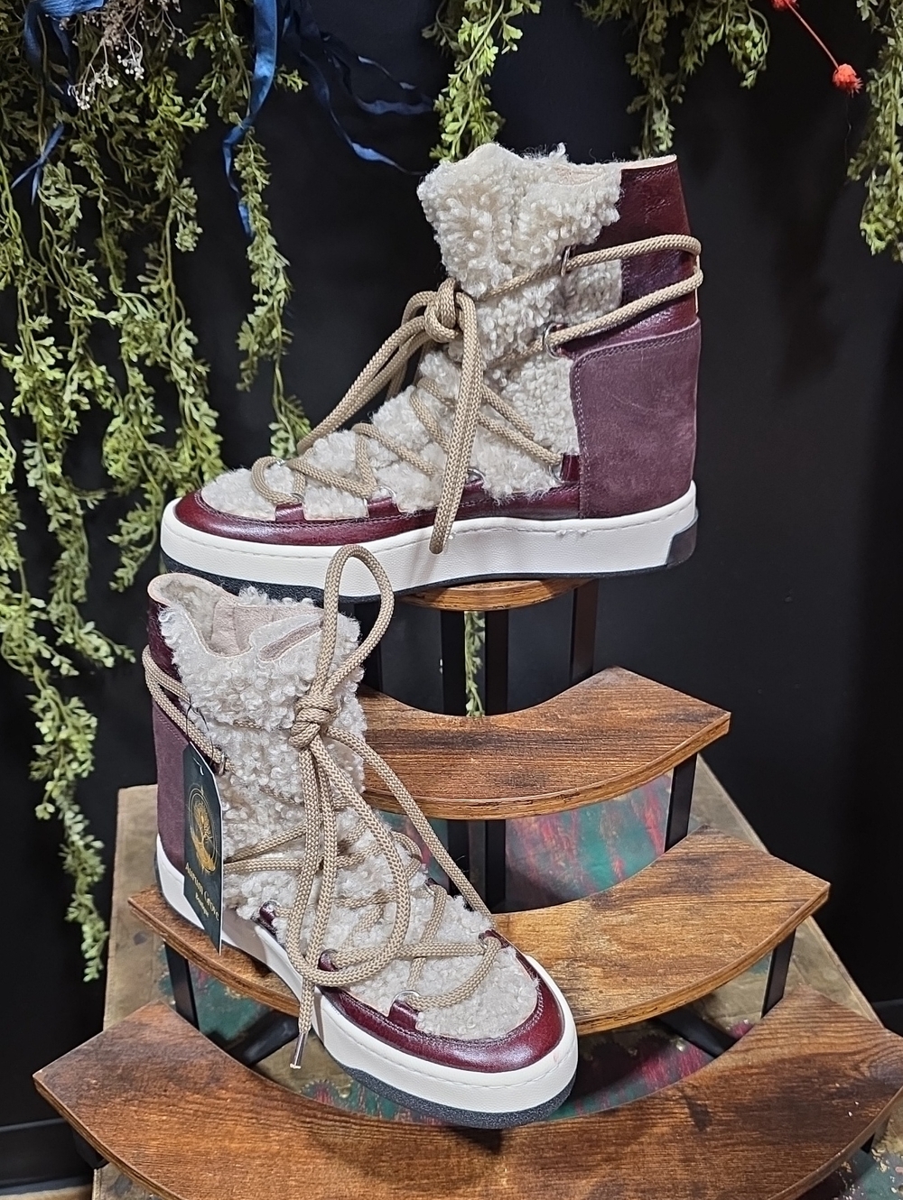 NEW! Meline Women's Leather Burgundy and Cream Sherpa High-Top Sneakers